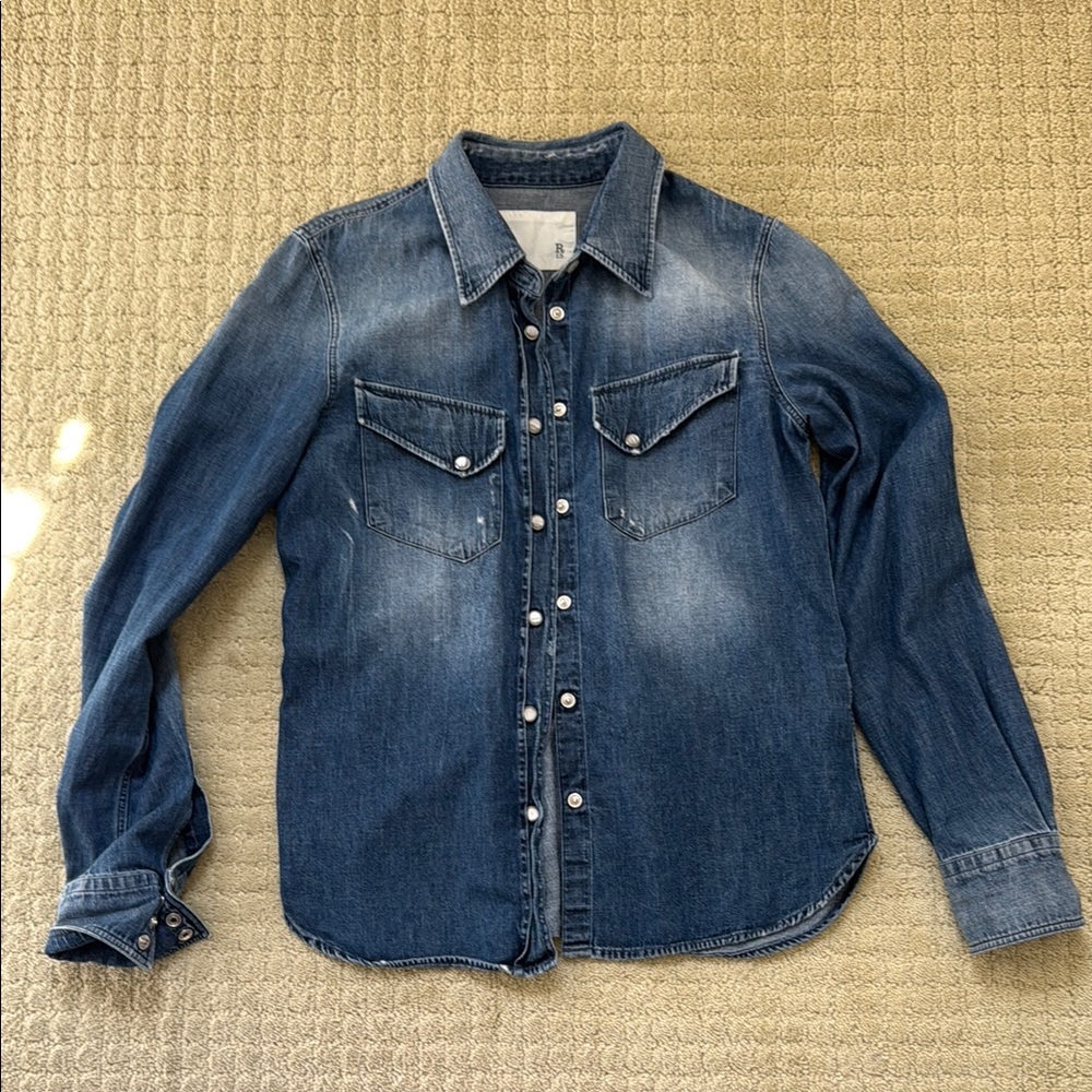 Classic Blue Denim Shirt with Pockets cowboy distressed